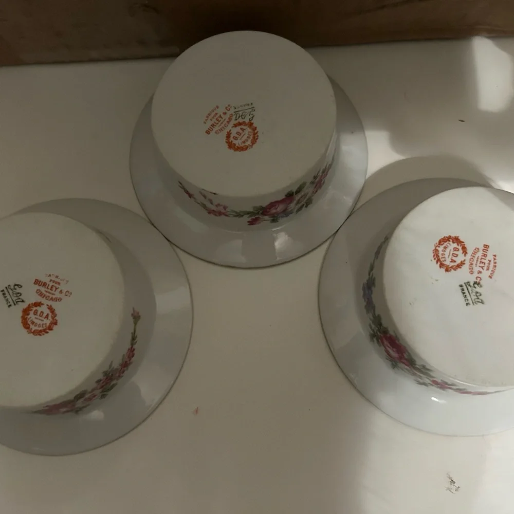 GDA Limoges Ramekin Bowls with Pink Rose Design and Gold Rim France